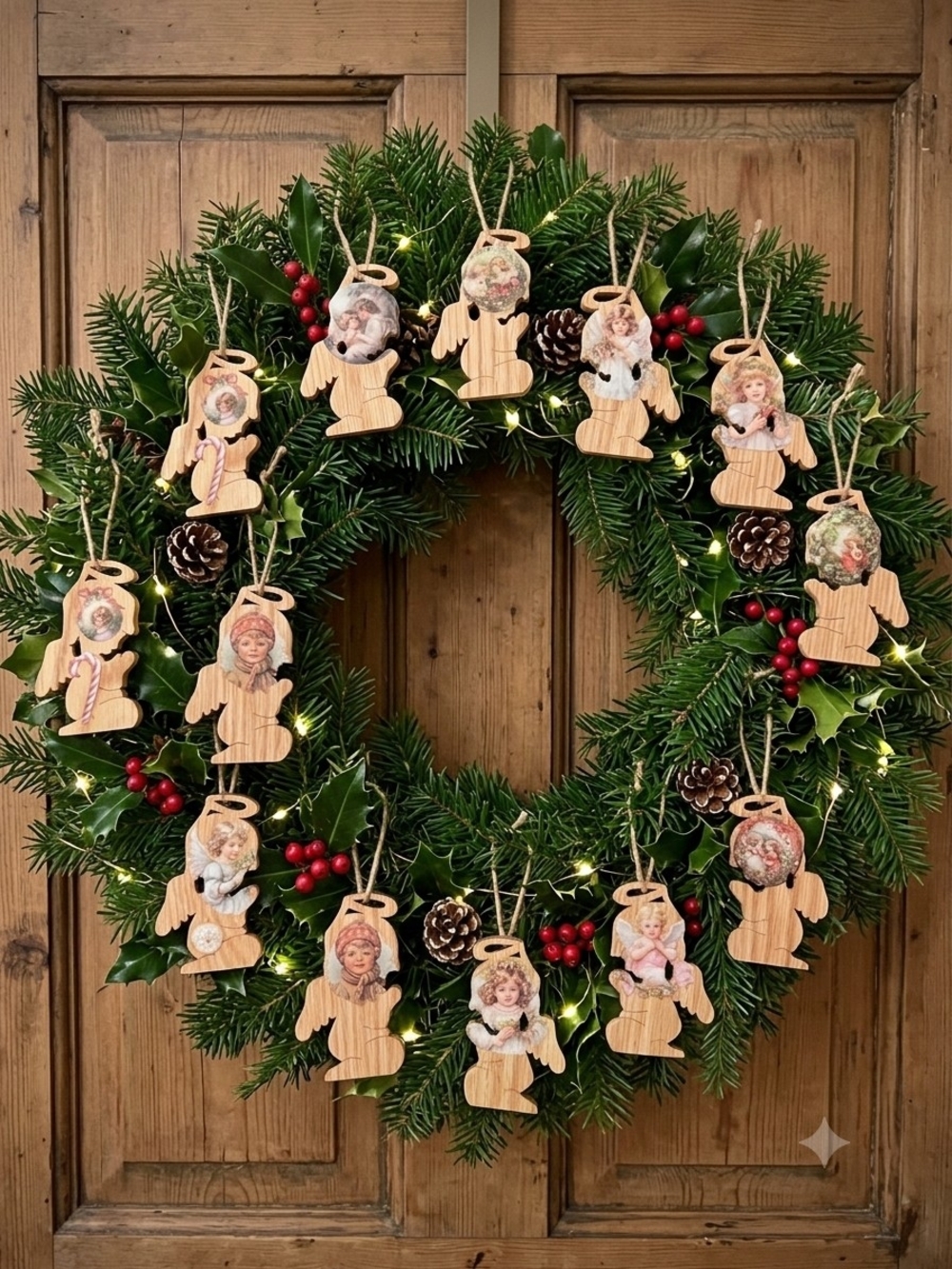 13 Rustic Wood Angel Halo Hanging Christmas Ornaments, Vintage Pattern, 3x2 in